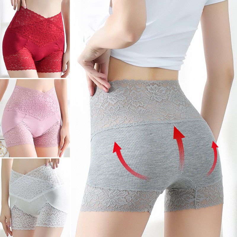 Women's Lace Safety Pants Anti-glare Cotton Crotch Breathable Lingerie High-waisted Panties Seamless Briefs Underpants