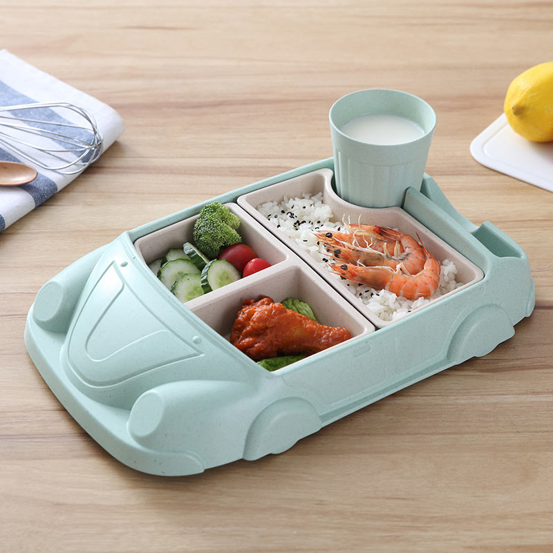 Creative Cartoon Car Plate Baby Dishes Set Bamboo Fiber Plate+Cup Sub-grid Bowl Children's Gift Tableware Set Feeding Dishe