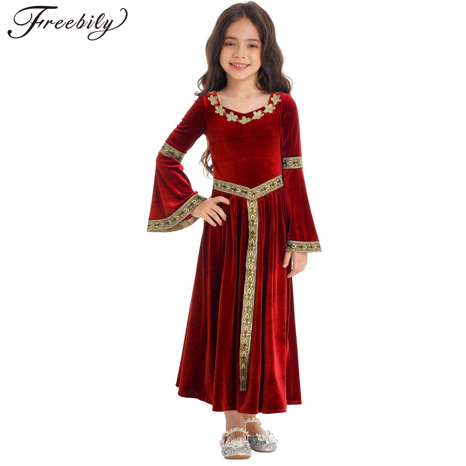 Kids Girls Medieval Renaissance Princess Queen Costume Velvet Long Flare Sleeve Dress Halloween Carnival Cosplay Party Dress Up
