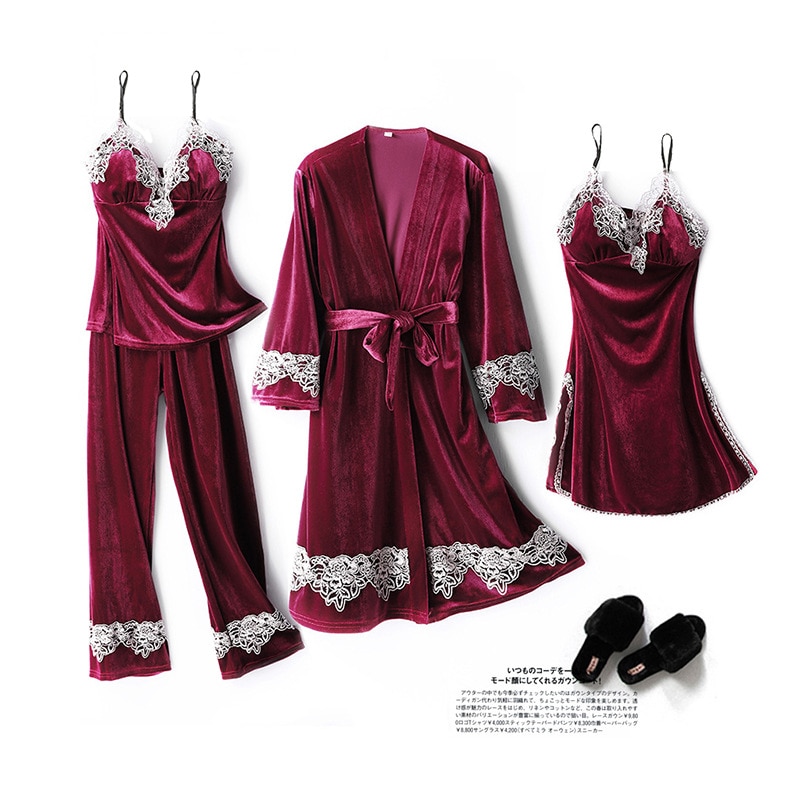 Autumn Winter Women Pajamas Velvet 4PCS Sleepwear Set Sexy Patchwork Lace Velour Kimono Bathrobe Loose Homewear Pyjama Suit