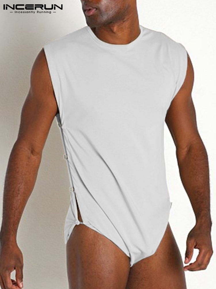 INCERUN Men Bodysuits Pajamas O-neck Sleeveless Button Bodysuit 2022 Solid Color Sexy Leisure Men Rompers Underwear S-5XL