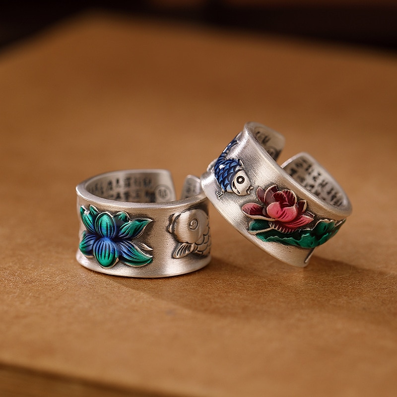 2022 New 999 Sterling Silver Ring Retro Koi Fish Pattern Opening Adjustable Ring Women Fine Jewelry Gift Women Engagement Ring