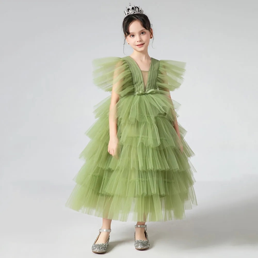 Green Tulle Tiered Dress for Kids Mesh Evening Gowns Girls Dressing Princess Banquet Costume luxury girl children's party d