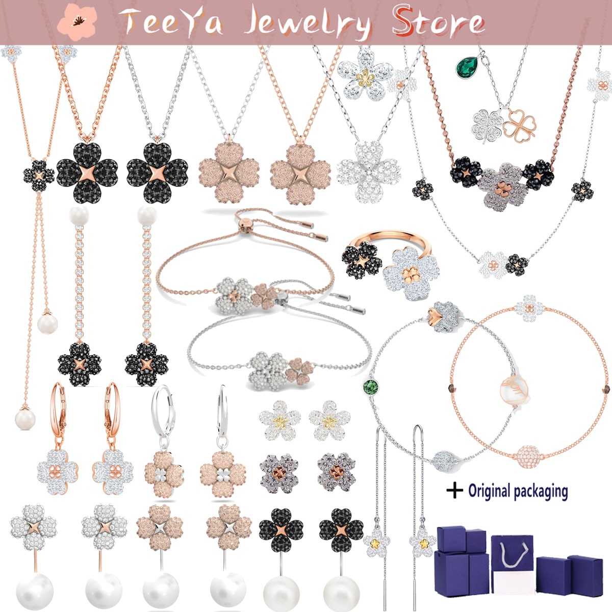 Original Swa Latisha With Box Christmas Gift Fine Ladies Jewelry Sets Clover Flower Pearl Earrings Necklaces Bracelets for Women