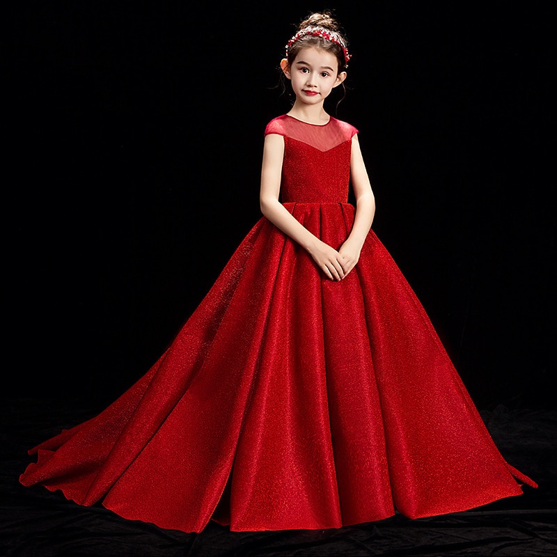 Fancy Flower Girl Long Red Evening Party Dress Children Show Performance Dresses Kids Luxury Gowns Girls Elegant Prom Vestidos