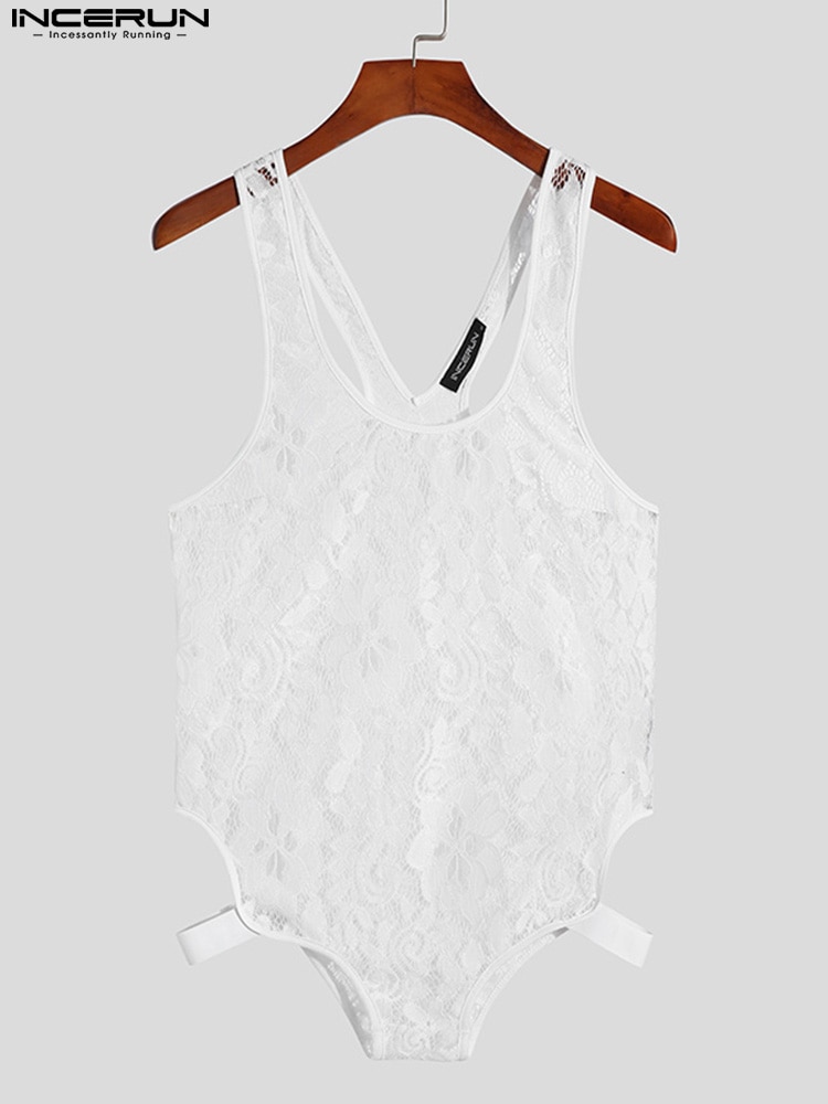 INCERUN Men Pajamas Bodysuits Lace Mesh See Through Underwear O-neck Sleeveless Romper Breathable Skinny Sexy Men Bodysuit S-5XL