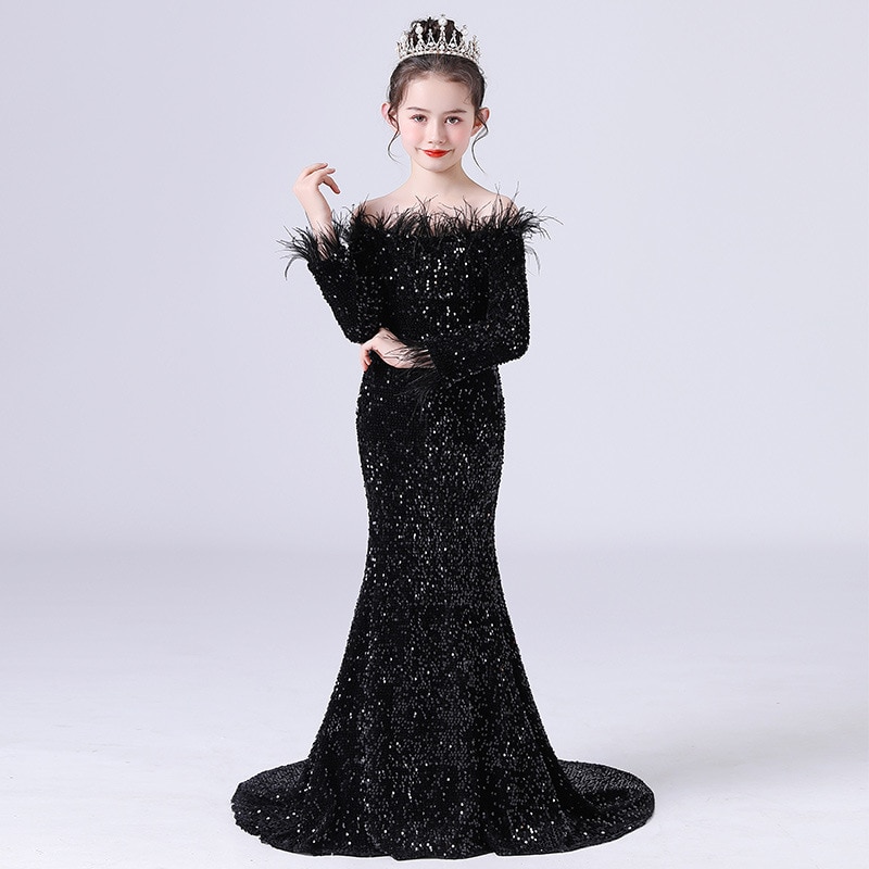 Child Girl Black Gown Strapless Off Shoulder Backless Long Sleeve Floor Length Feather Sequin Wedding Evening Party Prom Dresses