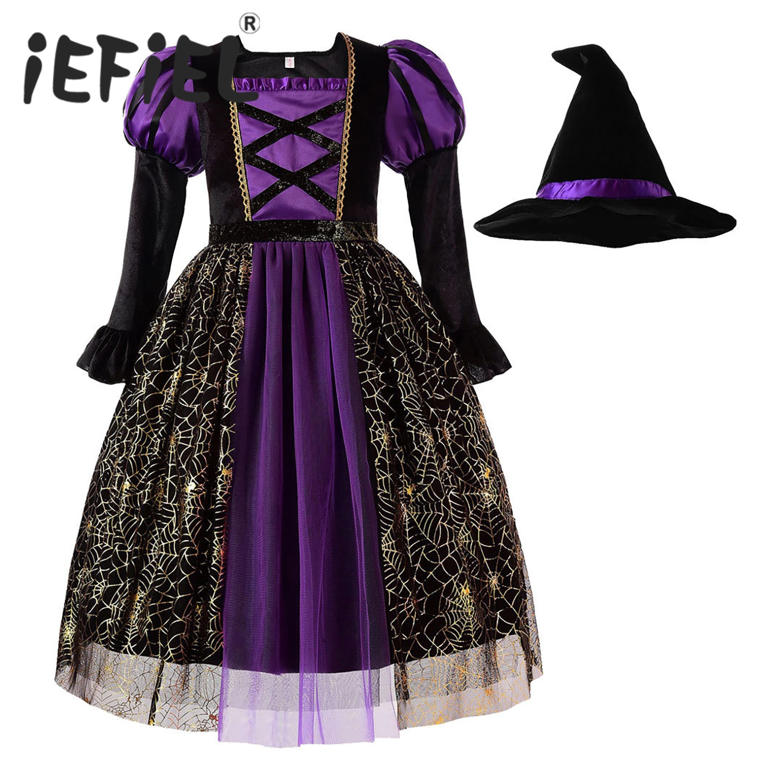 Kids Girls Halloween Witch Costume Long Sleeve Spiderweb Gowns Cosplay Dress with Witch Hat for Carnival Party Dress Up Clothes