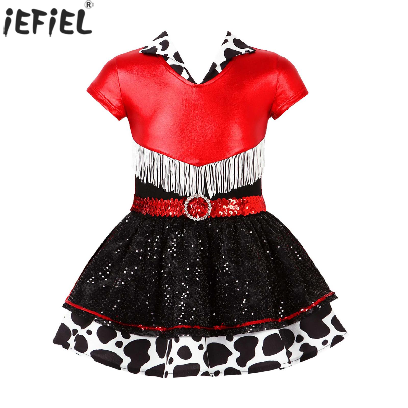 Kids Western Cowgirl Costume Halloween Cosplay Dress Tassels Sequins Dress with Arm Sleeves for Carnival Party Dress Up Clothes