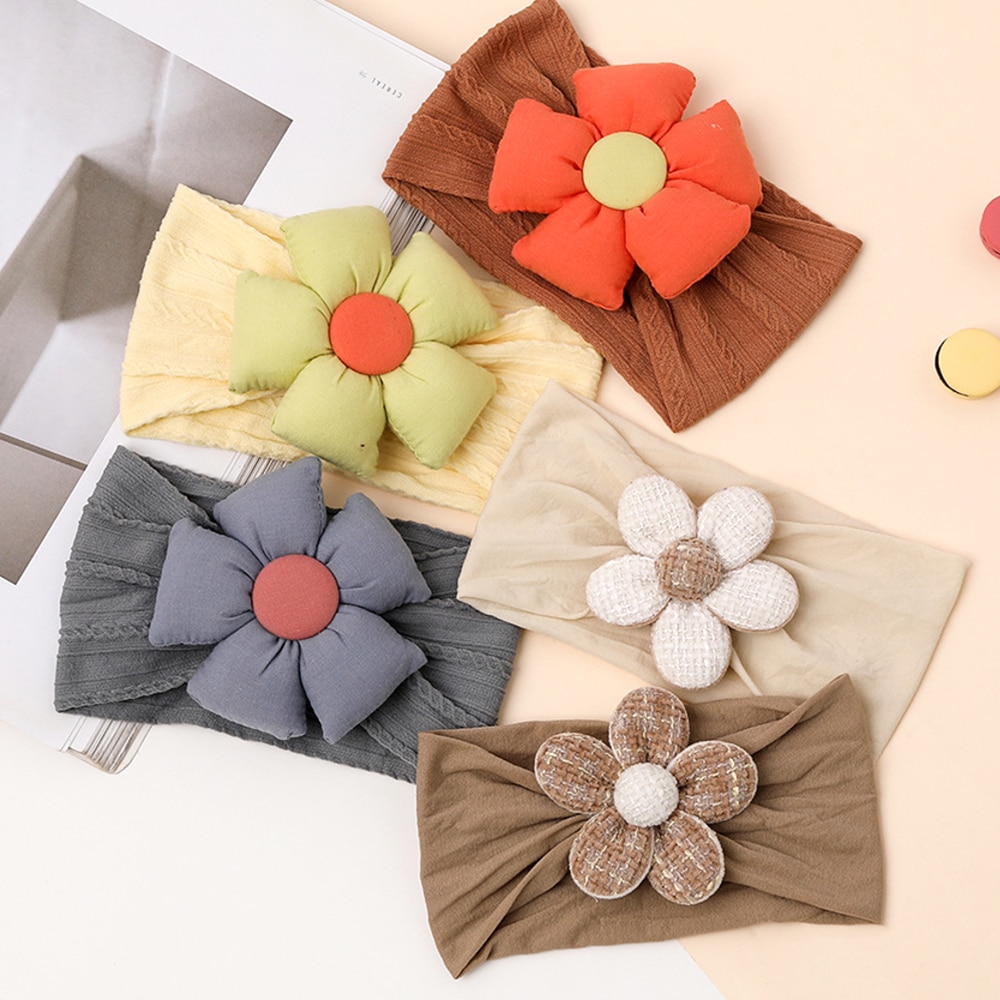 Newborn Cable Printed Nylon Headband with Big Flower Baby Girls Turban Headbands Children Sun Flower Wide Headwrap Girls Bandeau