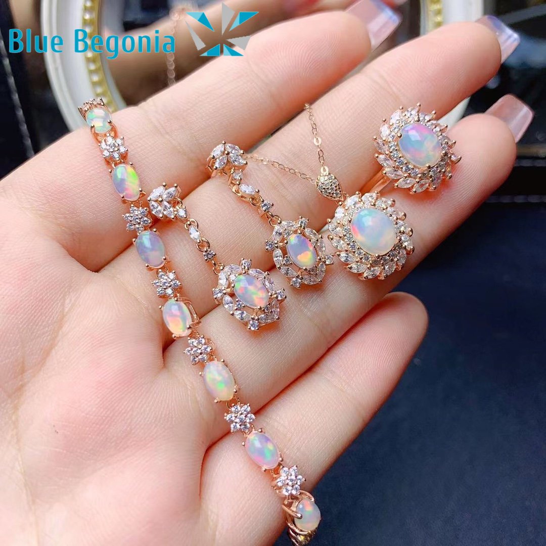Natural Opal Jewelry Set 4*6mm Gemstone Ring Earring 6*8mm Pendant Necklace Exquisite Wedding Jewelry Set for Women