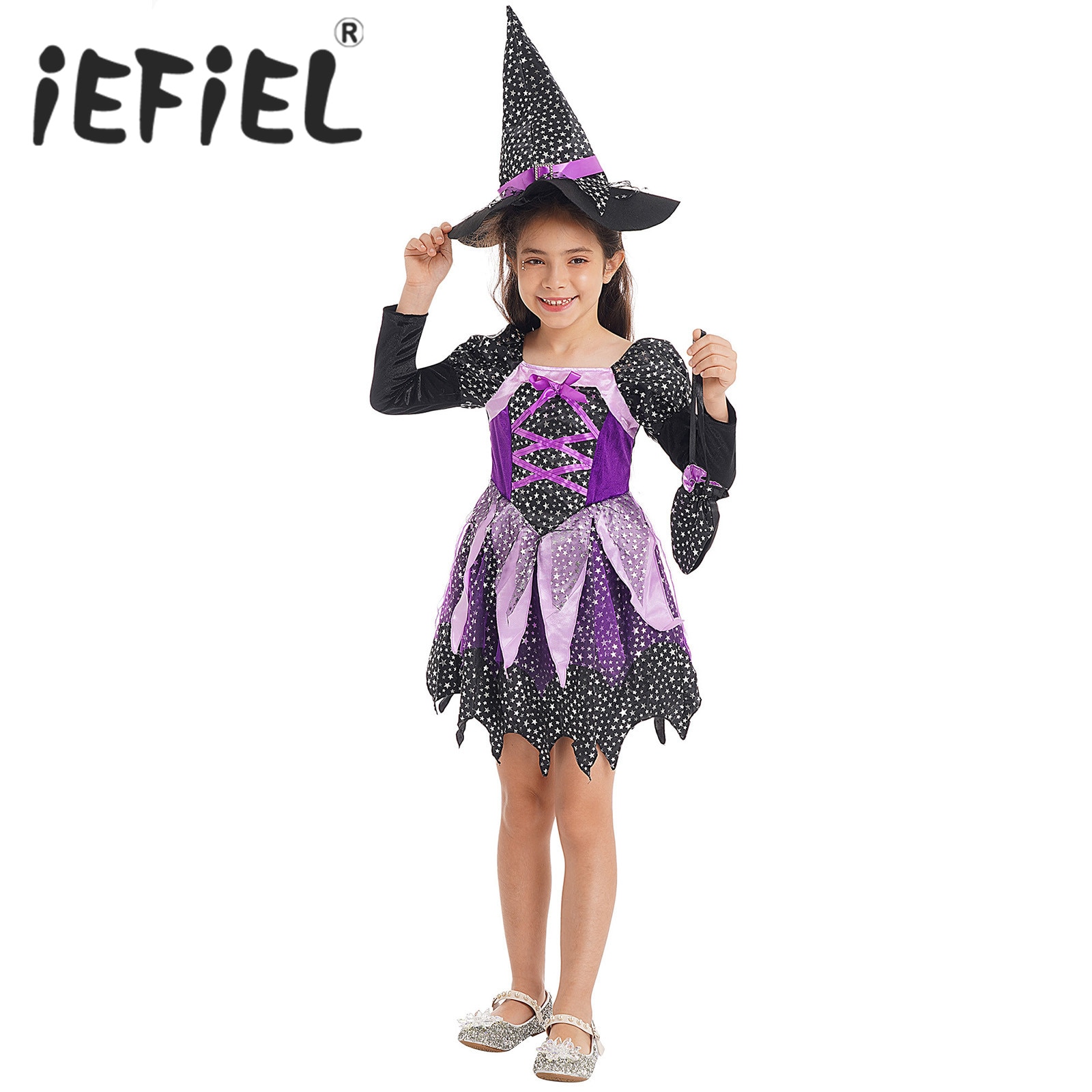 Kids Girls Witch Costume Halloween Carnival Party Cosplay Tutu Dress with Candy Bag and Hat Suit for Themed Roleplay Dress Up