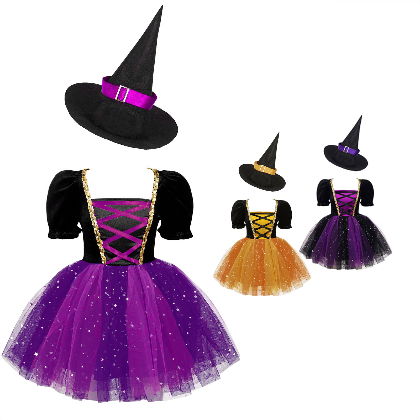 Kids Girls Witch Costume Bubble Sleeve Glittery Mesh Tutu Dress with Pointed Hat Set for Halloween Cosplay Dress Up Performance