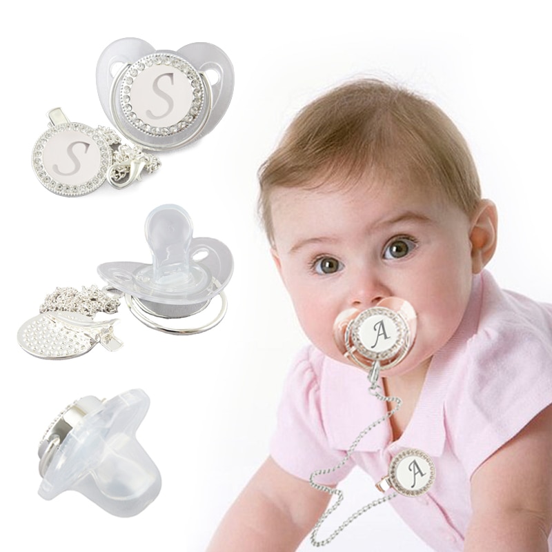 Letters Silver Transparent Baby Pacifier with Clip Newborn BPA Free Luxury Bling Dummy Nipple Chain Soother Chupeta 0-12 Months