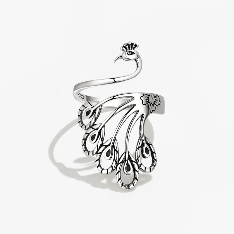 KOFSAC Personality Hollow Peacock Ring For Women Trendy Vintage 925 Thai Silver Rings Creative Open Size Phoenix Finger Jewelry