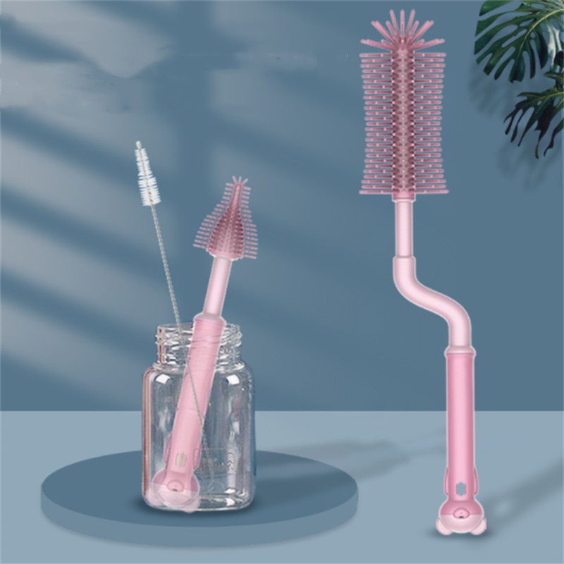 2in1 Silicone Bottle Brush 360 Degree Rotation Baby Pacifier Cup Nipple Cleaning Brushes Handheld Soft Head Food Grade Watering