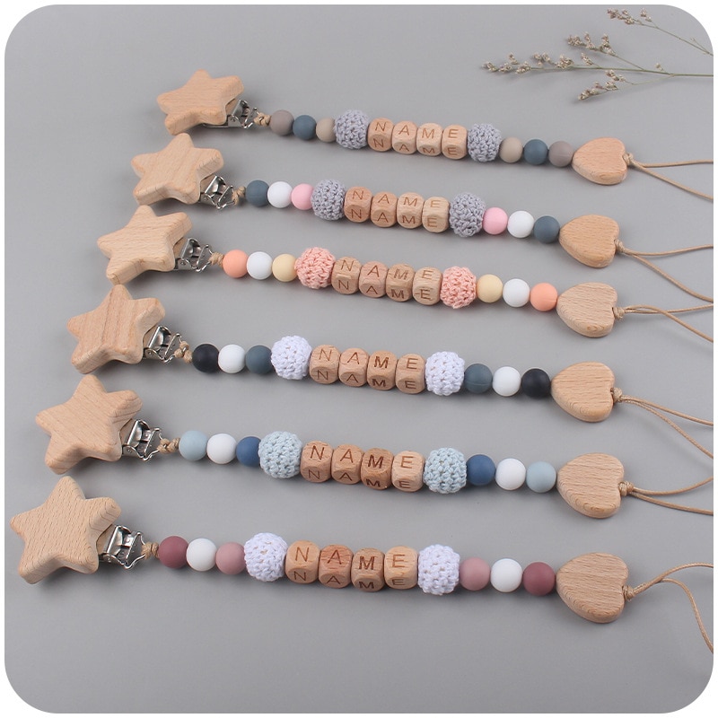 Baby Pacifier Clip Chain Personalized Name Stars Love Wood Safe Teethers Chains Soother Chew Teething Toys Dummy Nipple Holder