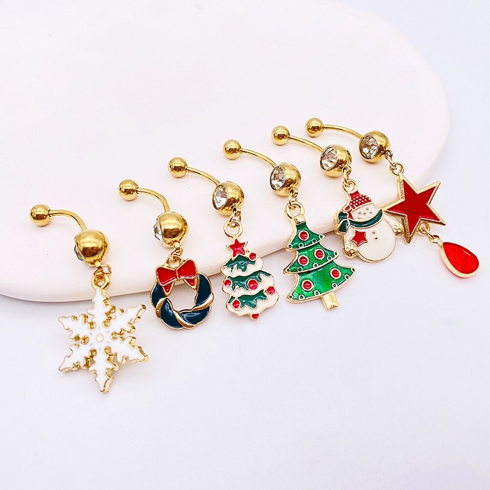 Christmas Belly Button Rings Snowman Elk Santa Dangle Navel Barbell Piercing For Women Christmas Gifts