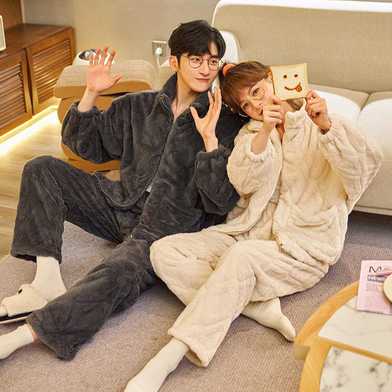 Plus Size Flannel Couple Sleepwear Pajamas Set Autumn Winter Warm Coral Fleece Trouser Suits Pyjama with Pocket Home Clothes