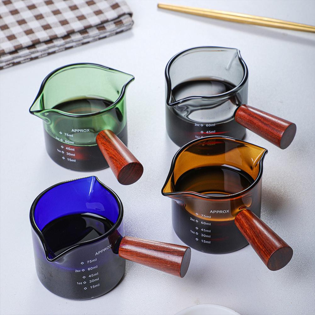 75ml Heat-resistant Glass Coffee Measuring Cup Double Mouth Glass Milk Jug With Wooden Handle Glass Scale Measure Mugs Dropship