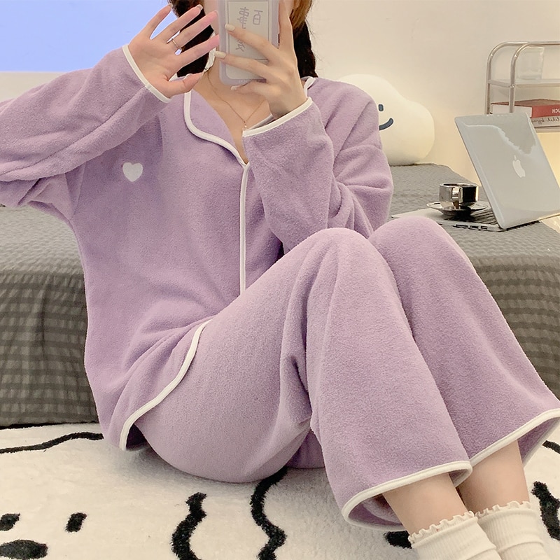 Coral velvet pajamas women's winter thickened V-neck pullover purple flannel warm simple casual soft skin-friendly homewear