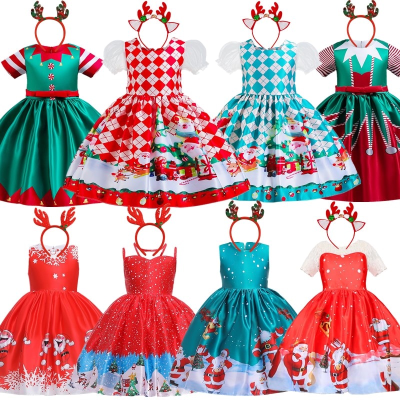 Kids Christmas Party Princess Dresses for Girls Santas Claus/Elk Print Xmas New Year Prom Evening Gown Children's Plaid Dre