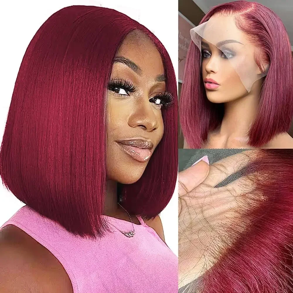 Short 99J BuG Color Bob Wig Peruvian Straight Lace Front Human Hair Wigs For Women Reddish Red Lace