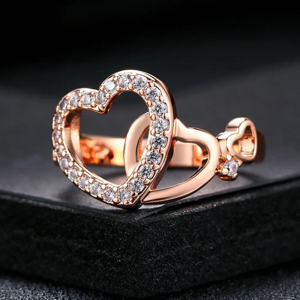 Top Quality Gold Romantic Dual Hearts Crystal Love Ring Rose Gold Color Austrian Crystals Full Sizes