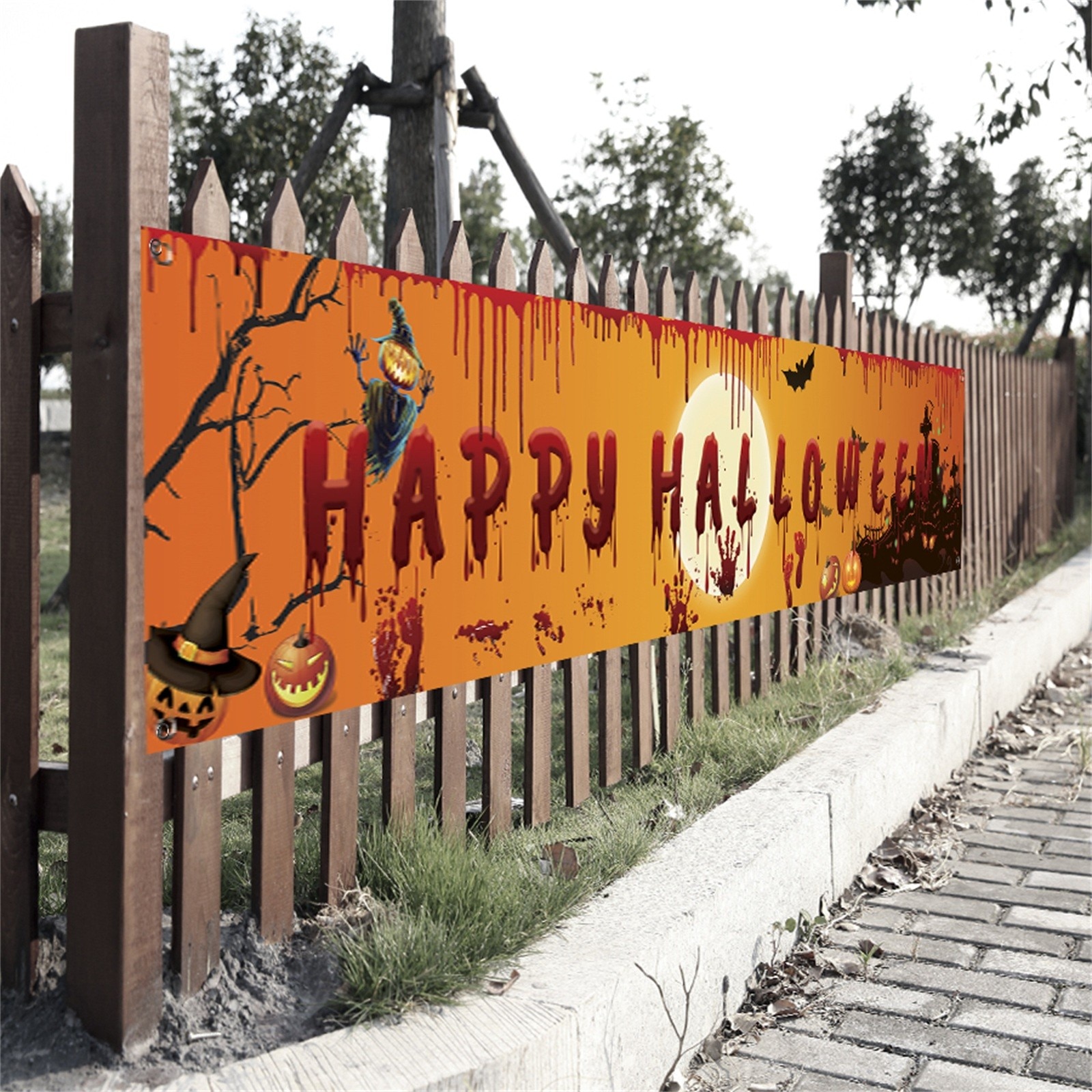 250*49cm Happy Halloween Banner Pumpkin Bloody Hand Footprint Hanging Flag Halloween Outdoor Home Party Backdrop Decoration 2022
