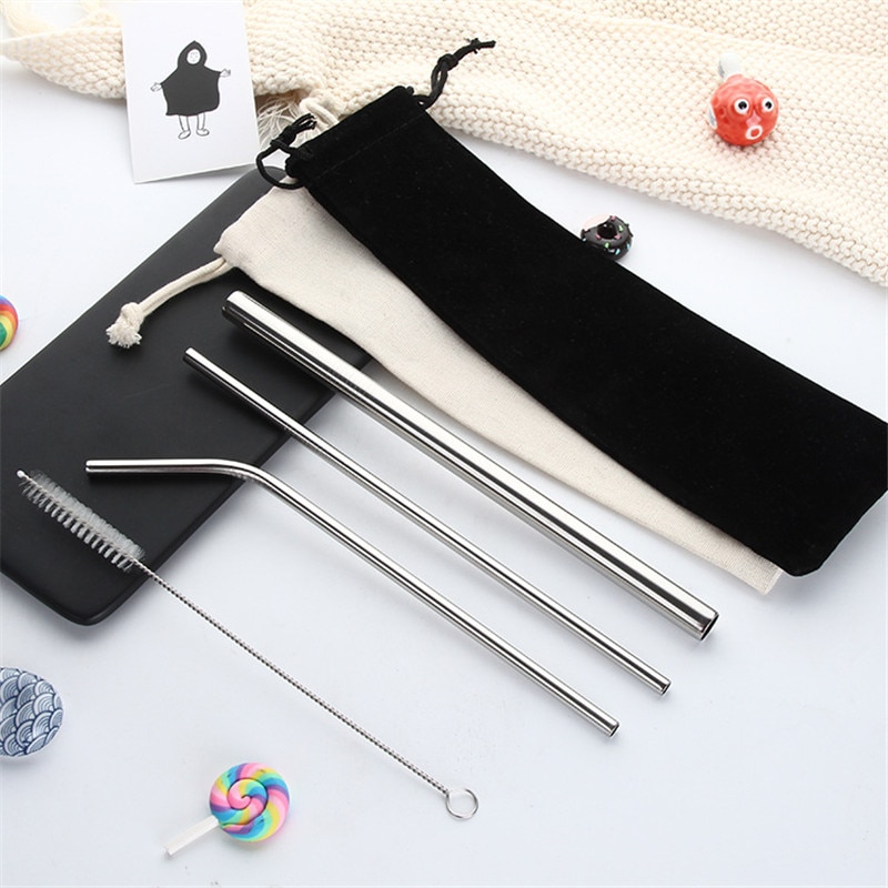 FATUBE Straight Curved straw 304 stainless steel silver straw portable milk tea beverage bar straight elbow KIT 6PCS PACK