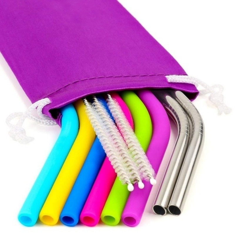 6Pcs/9Pcs/12Pcs/Set Reusable Silicone Straws + Stainless Steel Straws + Cleaner Brush + Bag for Tumblers Rumblers Cold Beverage