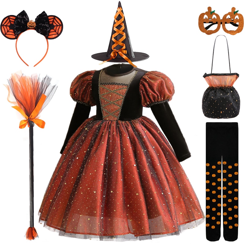 Luxury Halloween Lantern Long Sleeve Vampire Witch Party Dresses for Girls Christmas Orange Tulle Elsa Princess Birthday Costume