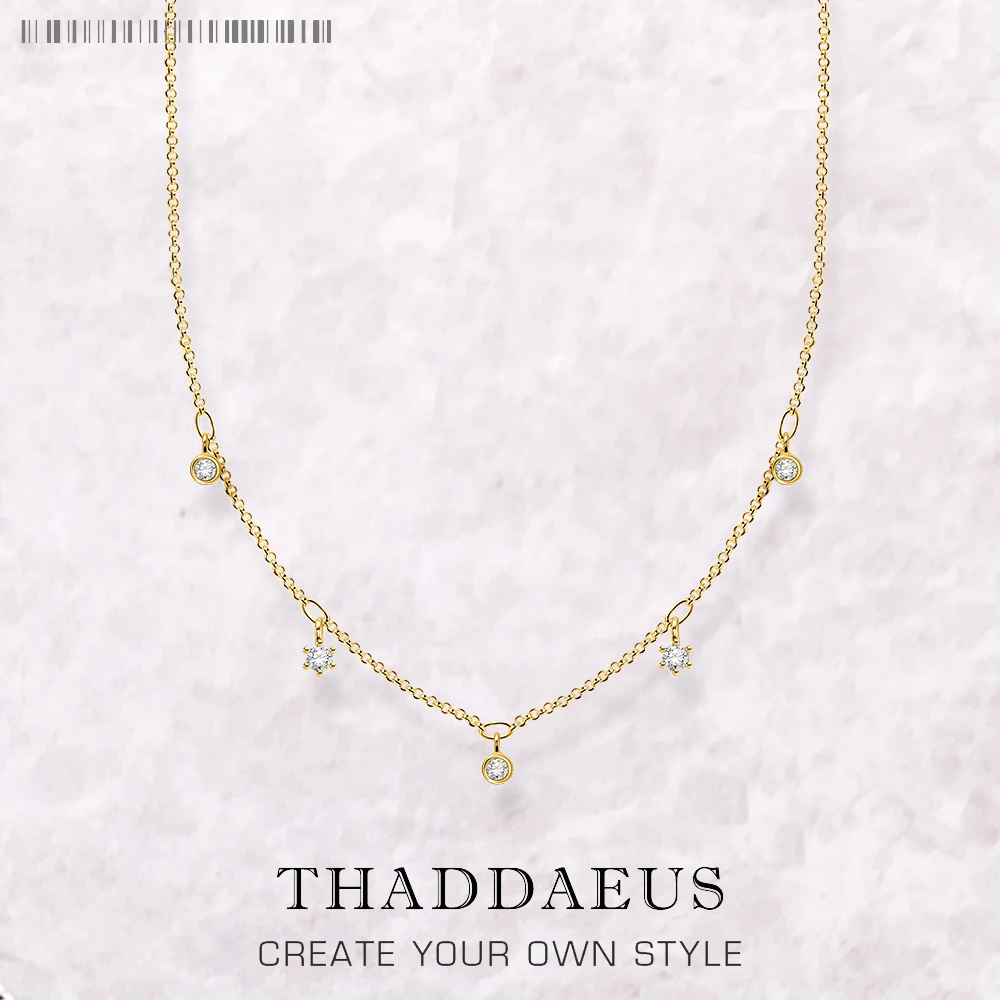 Gold Link Chain Necklace White Stones Fine Jewelry Europe 925 Stering Silver 2023 Brand New Trendy