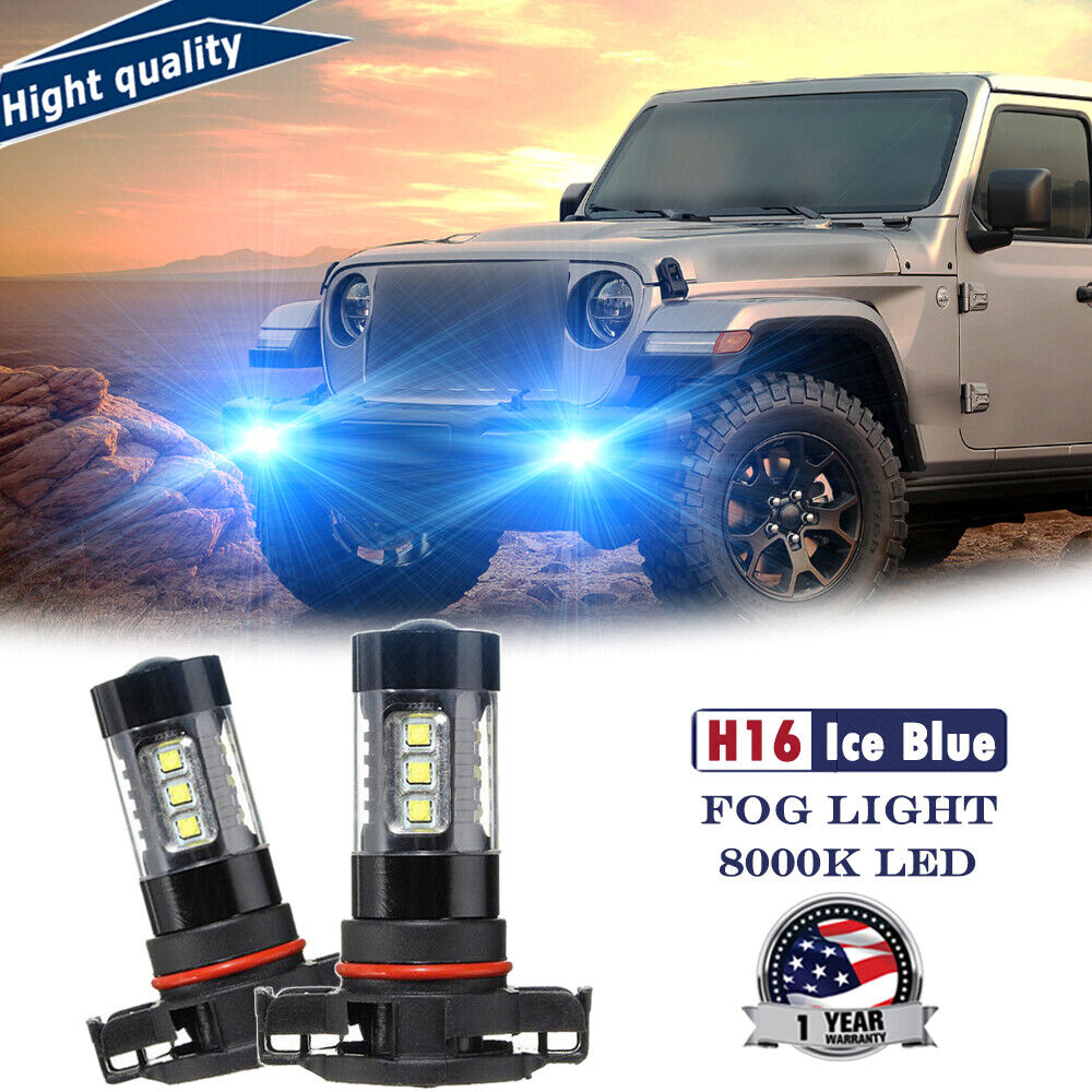 New H16 5202 Ice Blue Bright LED Fog Light Bulbs 80W For Jeep Wrangler JL 17-19