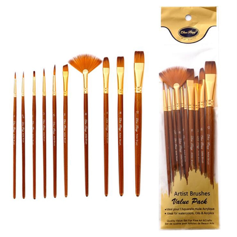 Oil Brush Art Painting Pen Set 10 Nylon Wool Brushes Multi-type Combination Watercolor Gouache