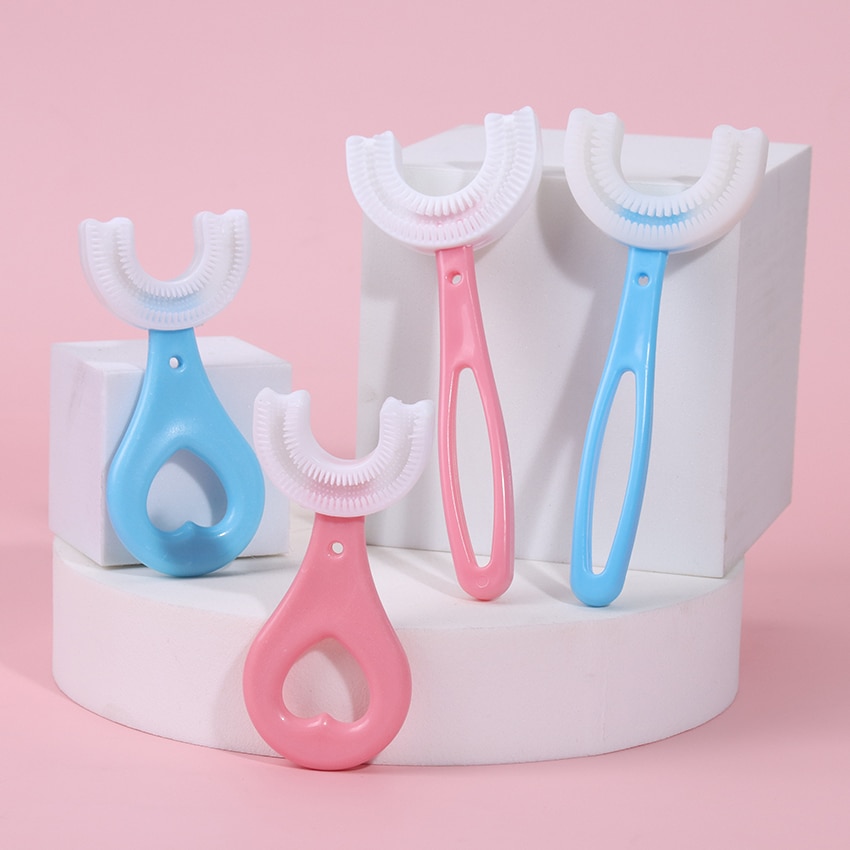 2PCS 2~12 Ages Kids Toothbrush U-Shape Infant Toothbrush with Handle Silicone Oral Care Cleaning Brush for Baby Gifts