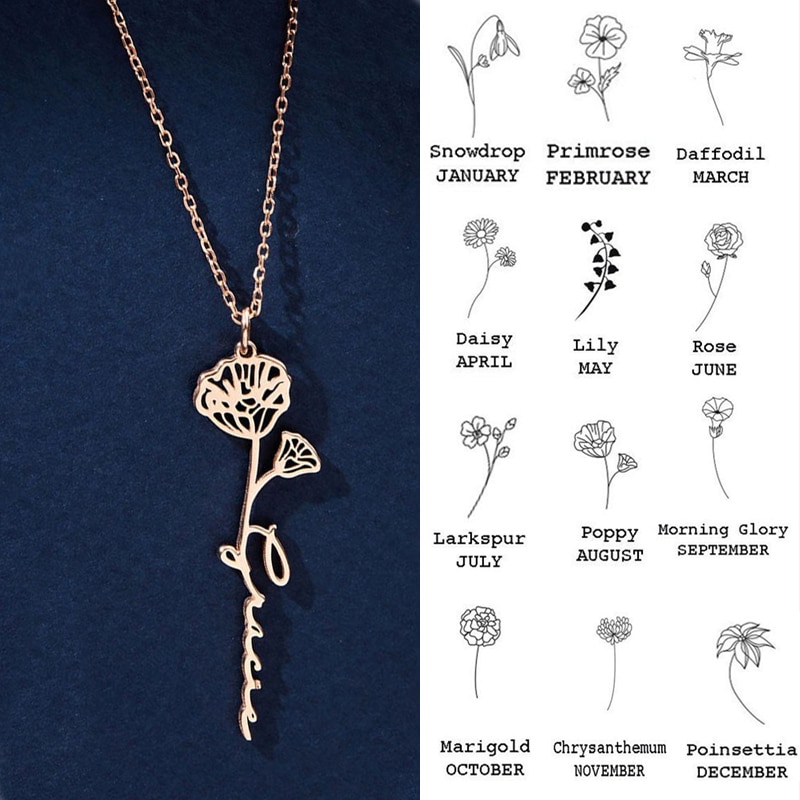 Customized Stainless Steel Name Necklace Personalized Letter Brithday Flower Choker Pendant Nameplate Gift Necklace For Women