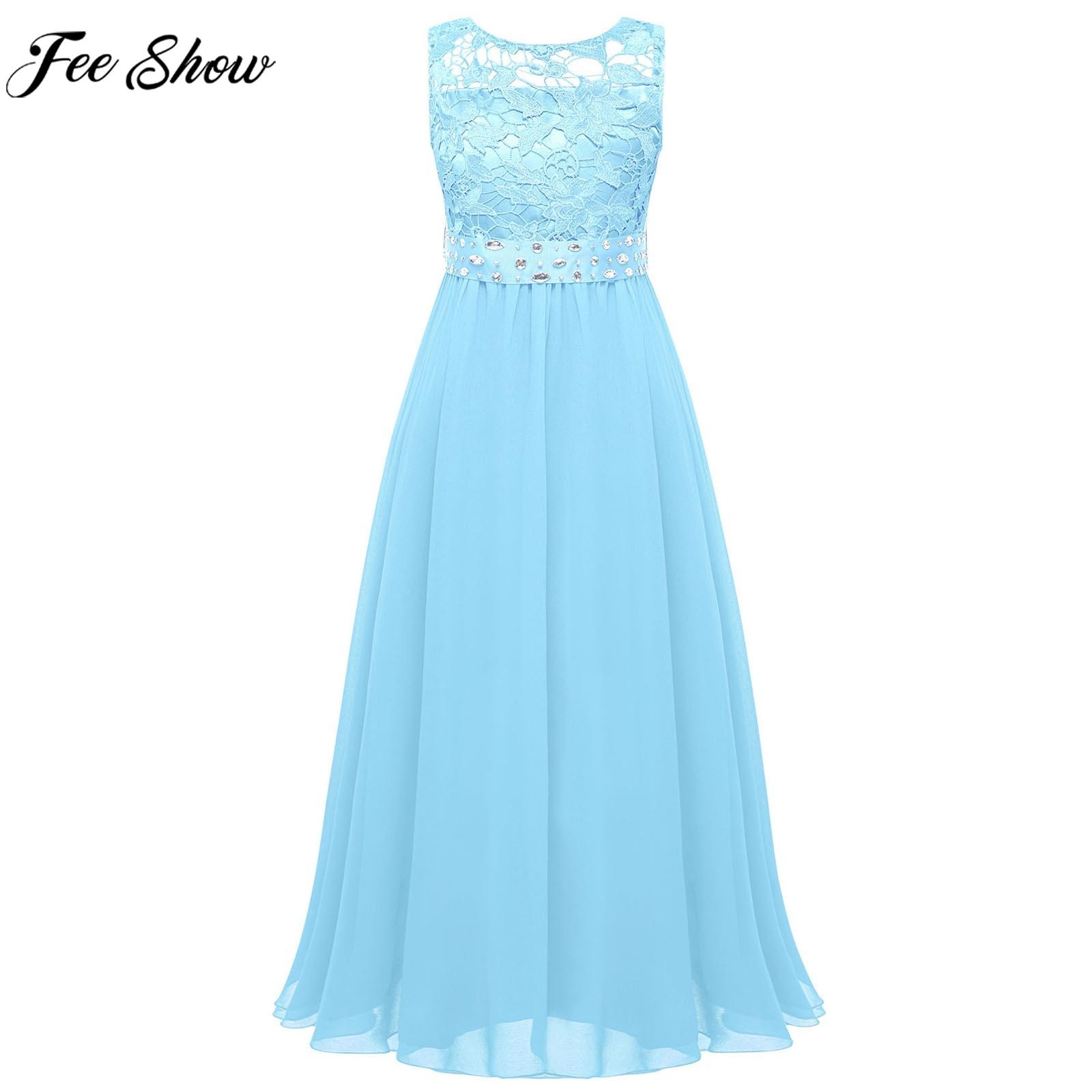 Children Girls Lace Party Dress with Beaded Sash Sleeveless Elegant Chiffon Formal Princess Dresses for Wedding Birthday Evening