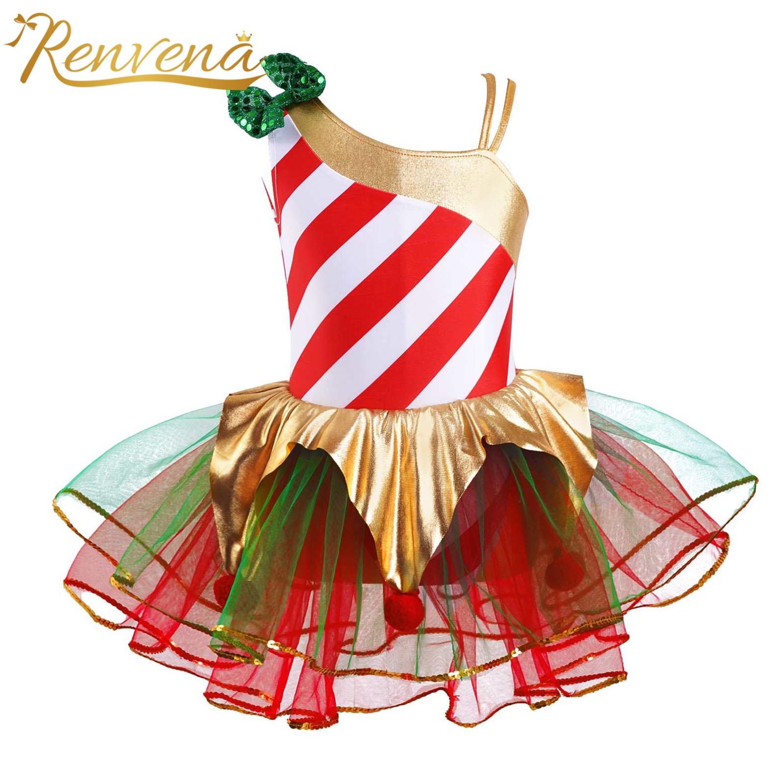 Little Girls Santa Cosplay Costume Elf Christmas Dress Kids Ballet Leotard Tutu Dress Sequin Stripes Carnival Festival Dancewear