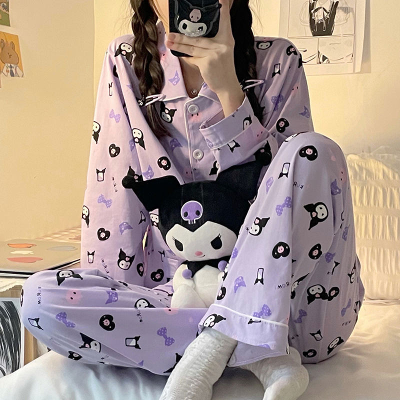 Cute Cartoon Purple Girls Pajamas Suit Sexy Long Sleeve Trousers Worn Outside Home Clothes Comfortable Loose Women Homewear