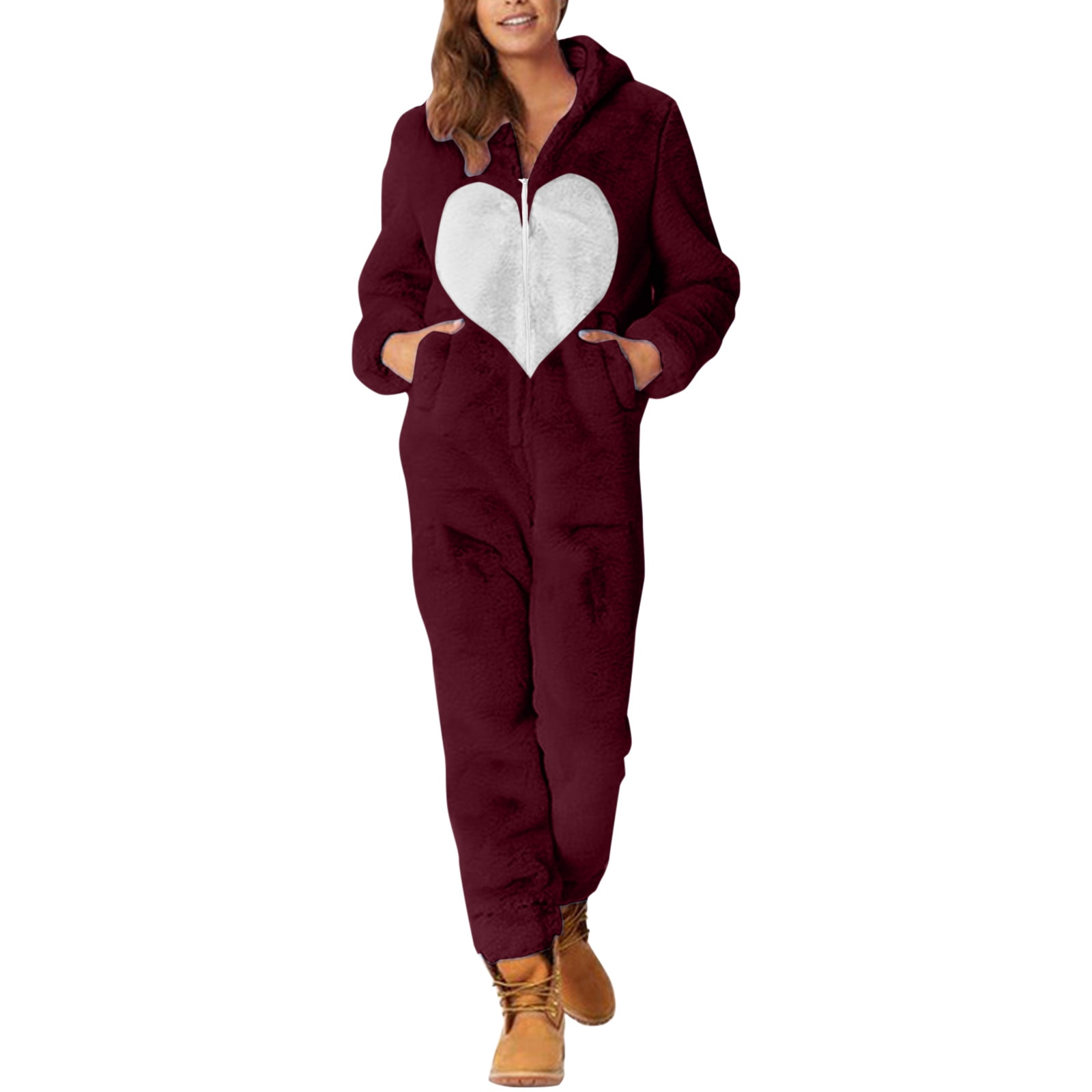 Winter Warm Pyjamas Heart Onesies Fluffy Fleece Jumpsuits Sleepwear Overall Plus Size Hood Sets Pajamas For Ladies Adult