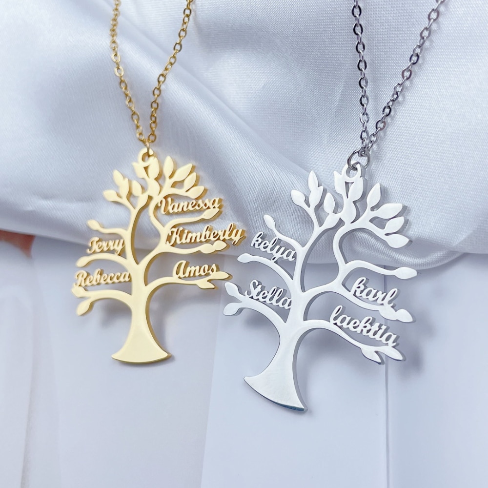 Tree of Life Pendant Necklace Personalized Family Member Name Stainless Steel Customized Product Jewelry Choker Gift for Parents