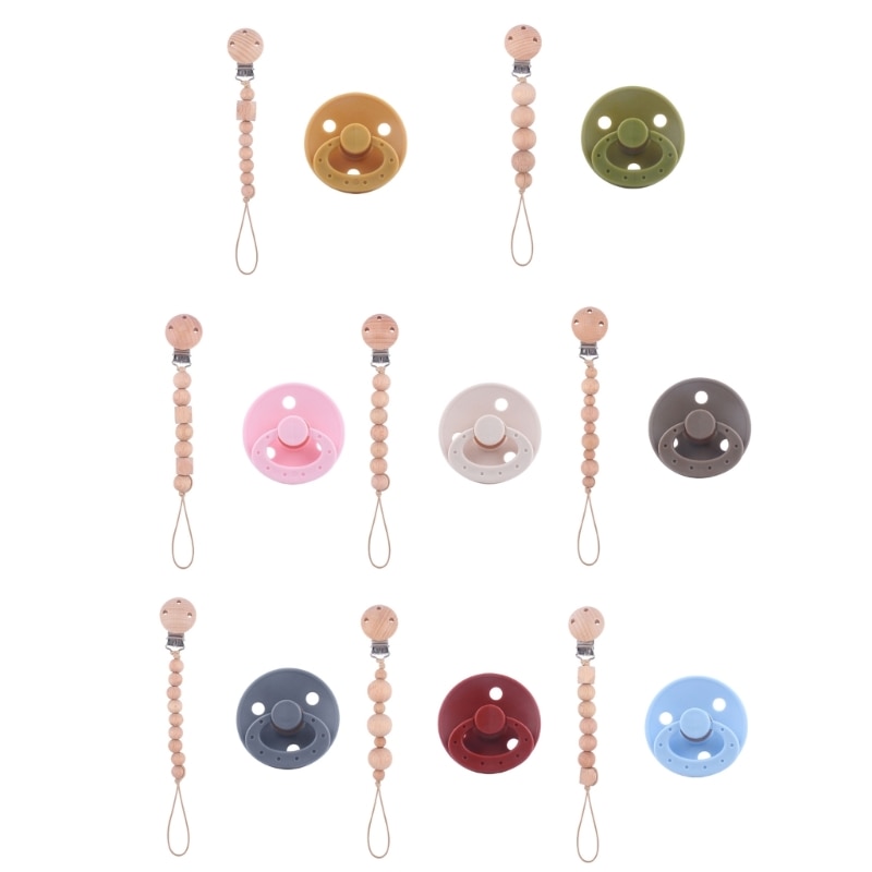Silicone Pacifier Clip for Baby Girl Boys Wooden Beads with Clip Dummy Pacifiers