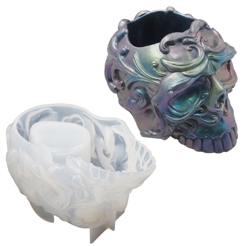 3D Skull Shaped Storage Box Resin Mold Halloween Skull Silicone Mould Ashtray Jewelry Trinket Holder Mold for DIY Crafting Tool