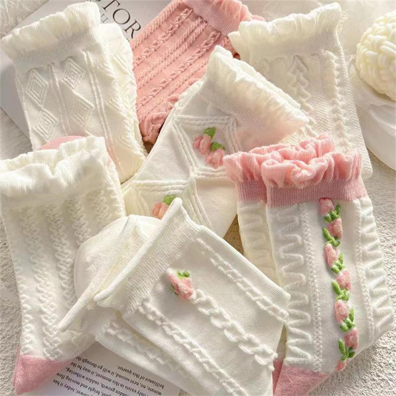 Women Lolita White Lace Socks Heart Bowknot Cotton Socks Femme Sweet JK Socks Cotton Japanese Cute Low Tube Woman Sock