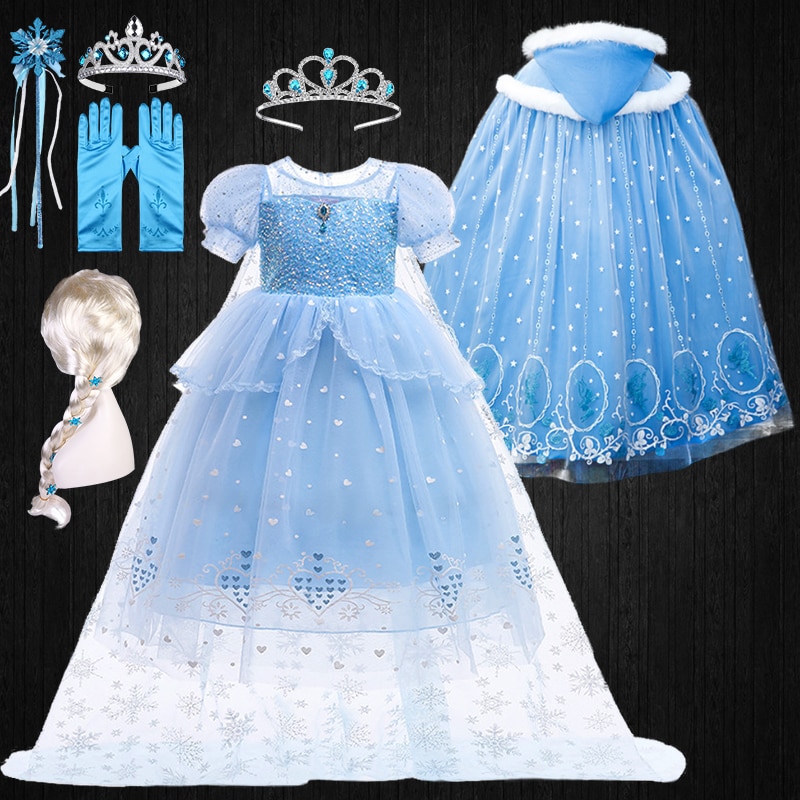 Christmas 2023 Fancy Girl Snow Queen Sequin Princess Elsa Dress Up + Accessories Children Ruffle Style Tulle Long Party Dresses