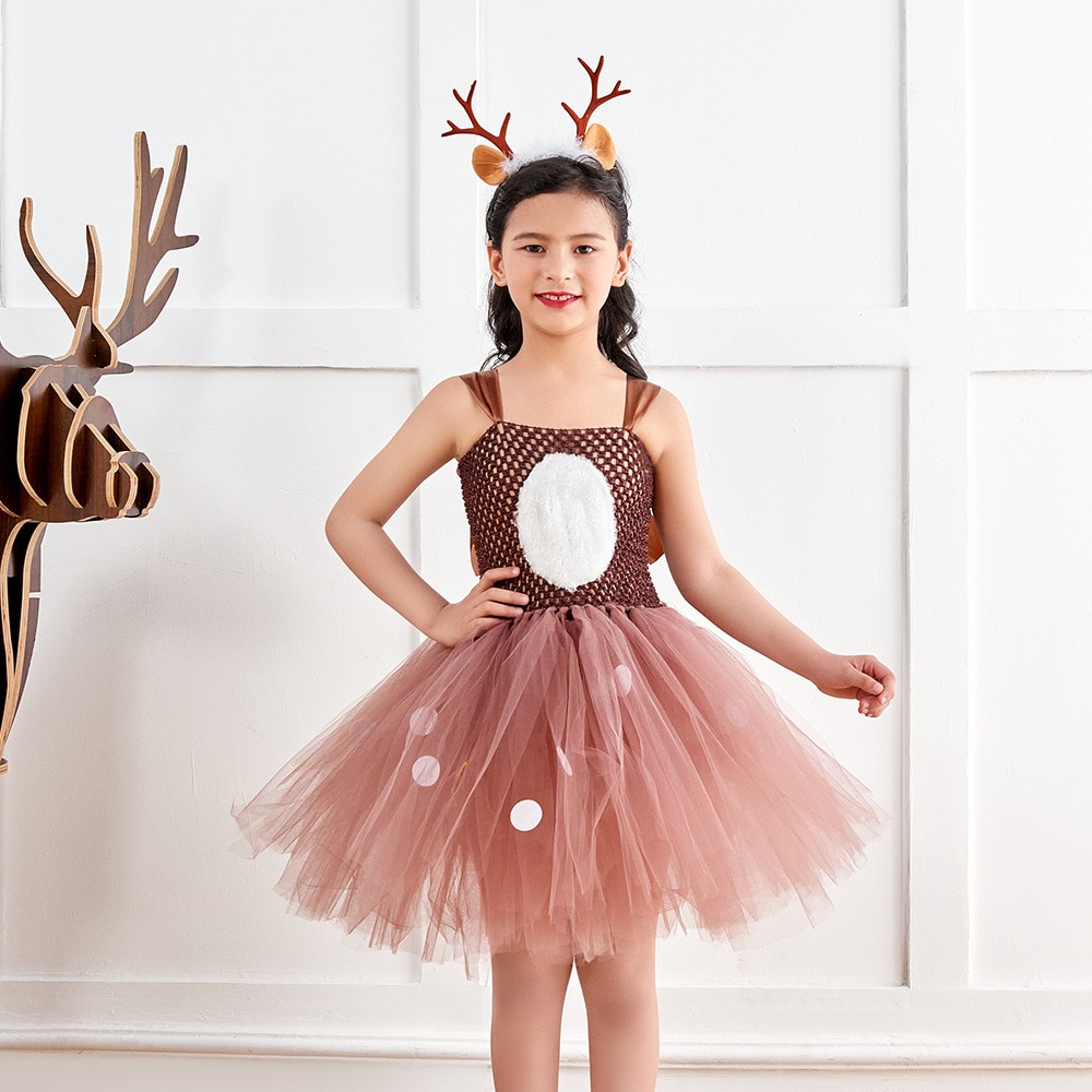 Christmas Cosplay Reindeer Festival Party Girls Dress Polka Dot Mesh Ball Gown Tutu Children Kids Dresses + Headband Vestido