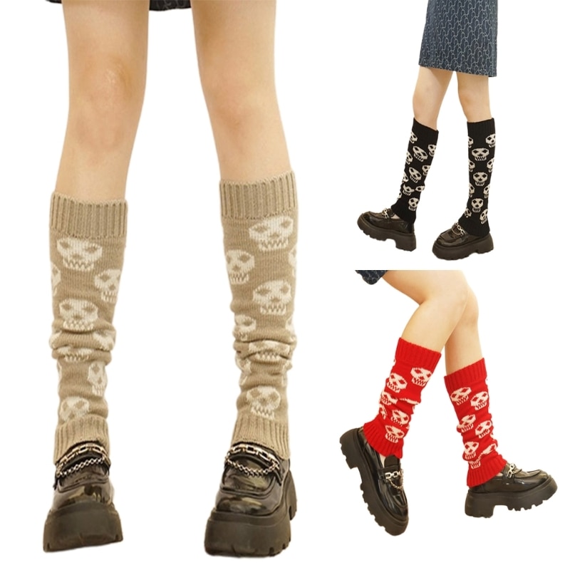 Foot Cover Calf Socks Women Autumn Gothic Skull Knitted Streetwear Leg Warmers 37JB