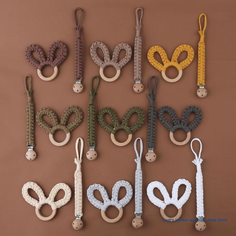 67JC Pacifier Clip Rabbit Ears Rattle Teether Infant Teething Relief Crochet Chain Dummy Clip Wooden Chewing Gift for Toddler