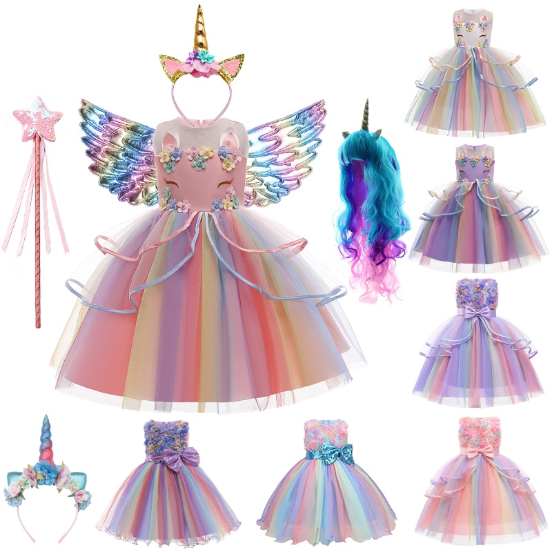 Christmas Fancy Girls Unicorn Dress Halloween Infant Baby Rainbow Tulle Christening Birthday Party Cake Tiered Flower Dresses